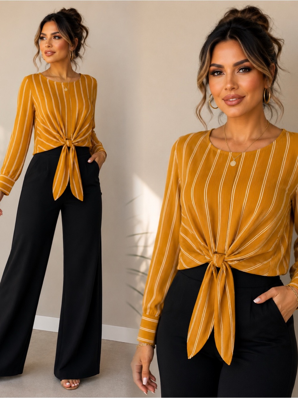 Active USA Mustard Striped Tie-Front Blouse